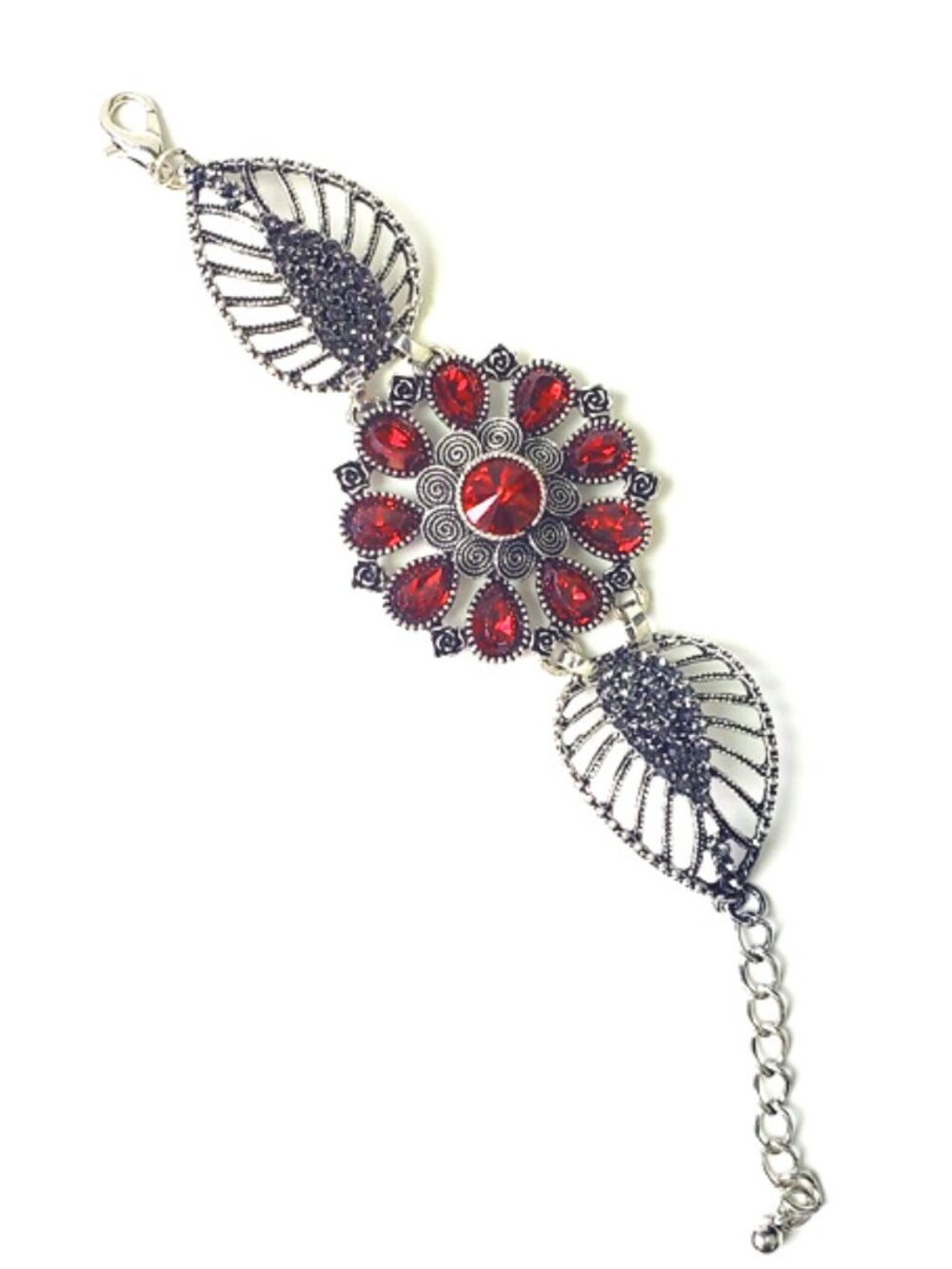 Red Rhinestone Flower Leaf Statement Bracelet Silver Tone